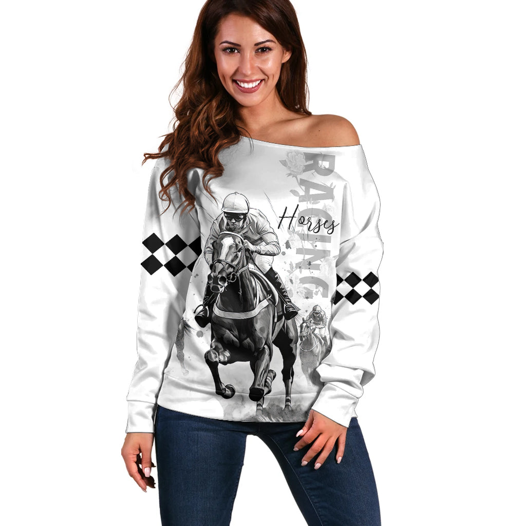 Kentucky Horses Racing Off Shoulder Sweater Jockey Drawing Style - Wonder Print Shop