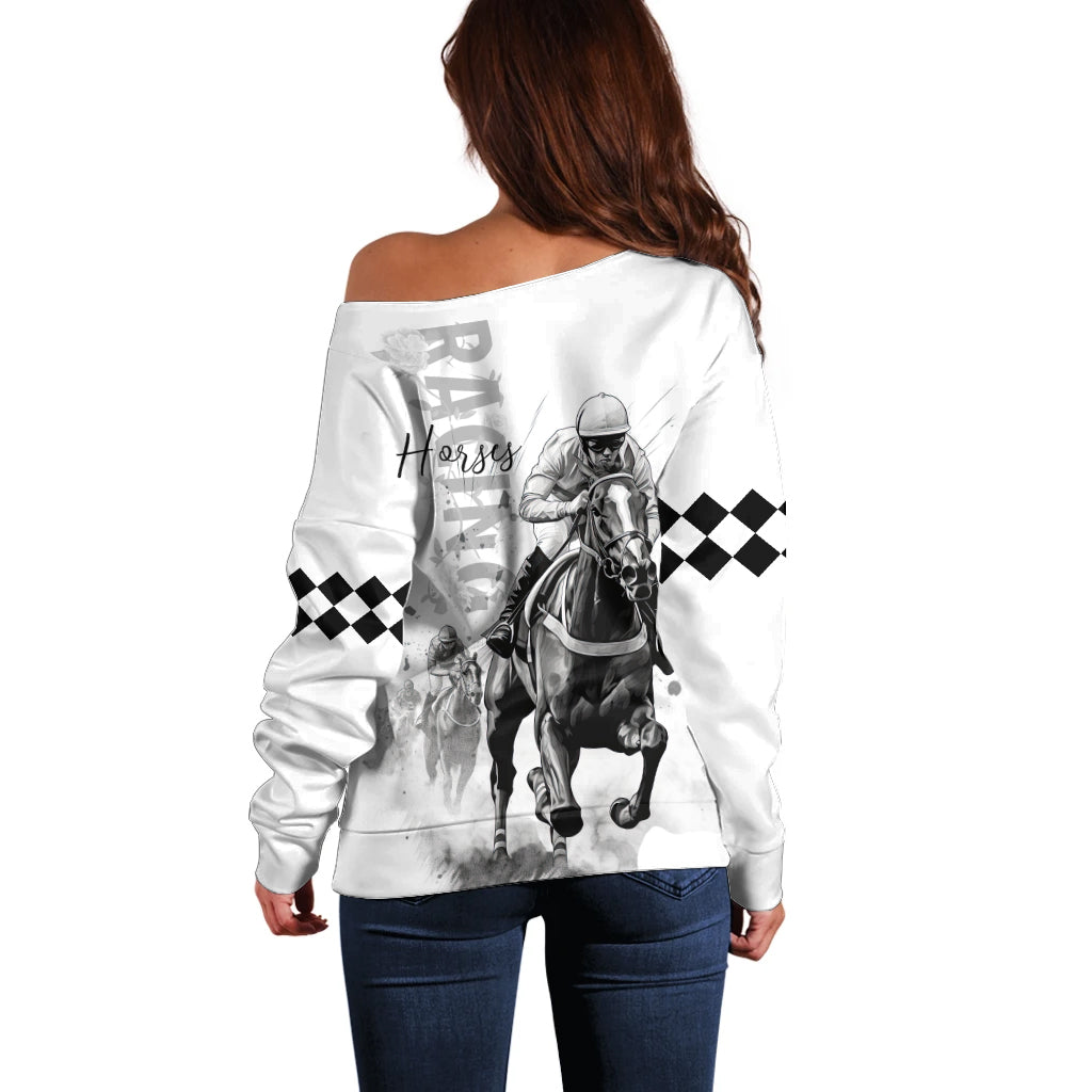Kentucky Horses Racing Off Shoulder Sweater Jockey Drawing Style - Wonder Print Shop