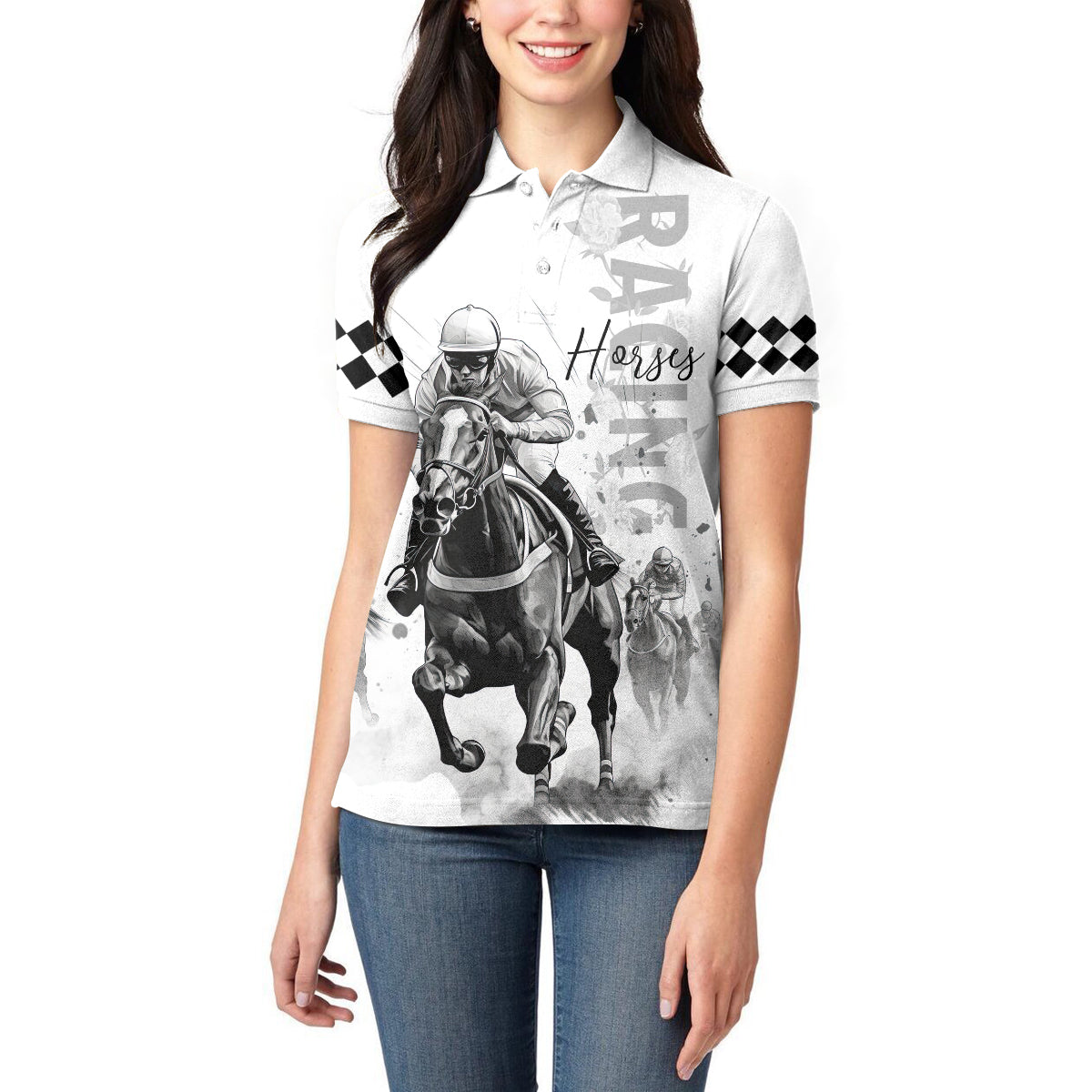 Kentucky Horses Racing Women Polo Shirt Jockey Drawing Style - Wonder Print Shop