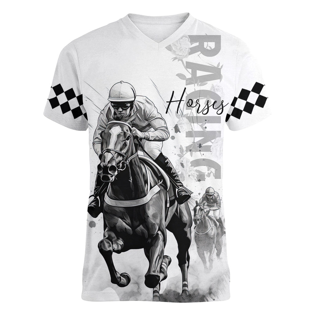 Kentucky Horses Racing Women V-Neck T-Shirt Jockey Drawing Style - Wonder Print Shop