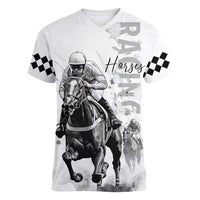 Kentucky Horses Racing Women V-Neck T-Shirt Jockey Drawing Style - Wonder Print Shop