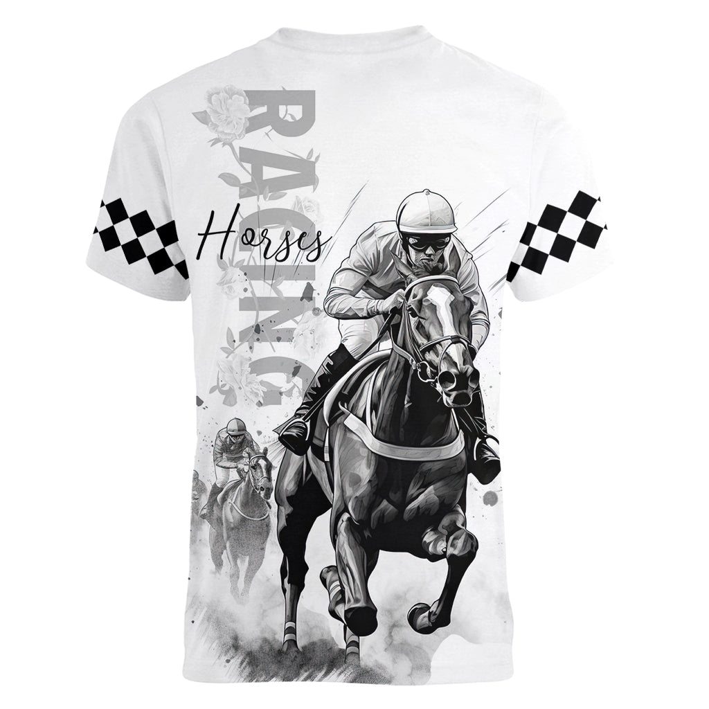 Kentucky Horses Racing Women V-Neck T-Shirt Jockey Drawing Style - Wonder Print Shop