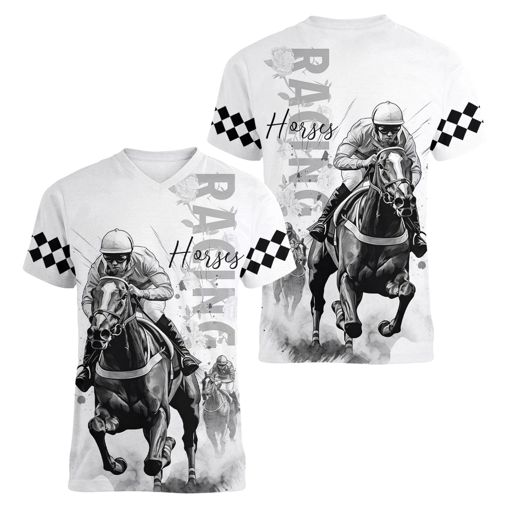 Kentucky Horses Racing Women V-Neck T-Shirt Jockey Drawing Style - Wonder Print Shop