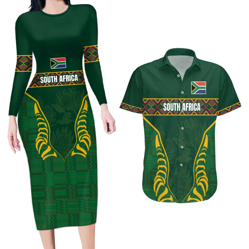 Custom South Africa Rugby Couples Matching Long Sleeve Bodycon Dress and Hawaiian Shirt Springboks Spirit and King Protea