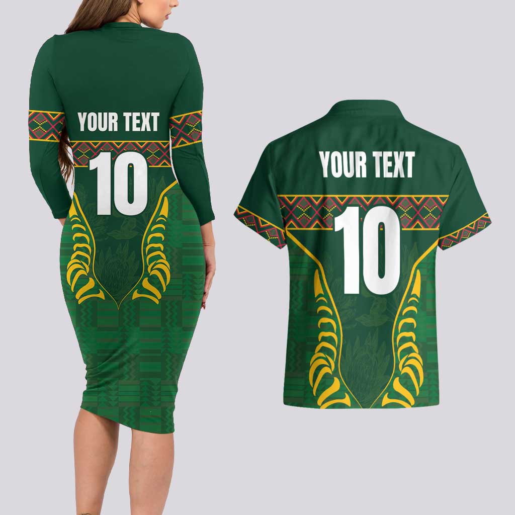 Custom South Africa Rugby Couples Matching Long Sleeve Bodycon Dress and Hawaiian Shirt Springboks Spirit and King Protea