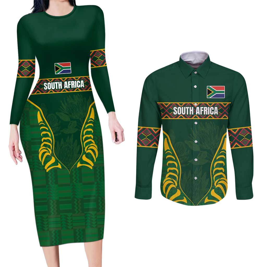 Custom South Africa Rugby Couples Matching Long Sleeve Bodycon Dress and Long Sleeve Button Shirt Springboks Spirit and King Protea