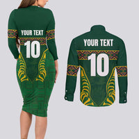 Custom South Africa Rugby Couples Matching Long Sleeve Bodycon Dress and Long Sleeve Button Shirt Springboks Spirit and King Protea