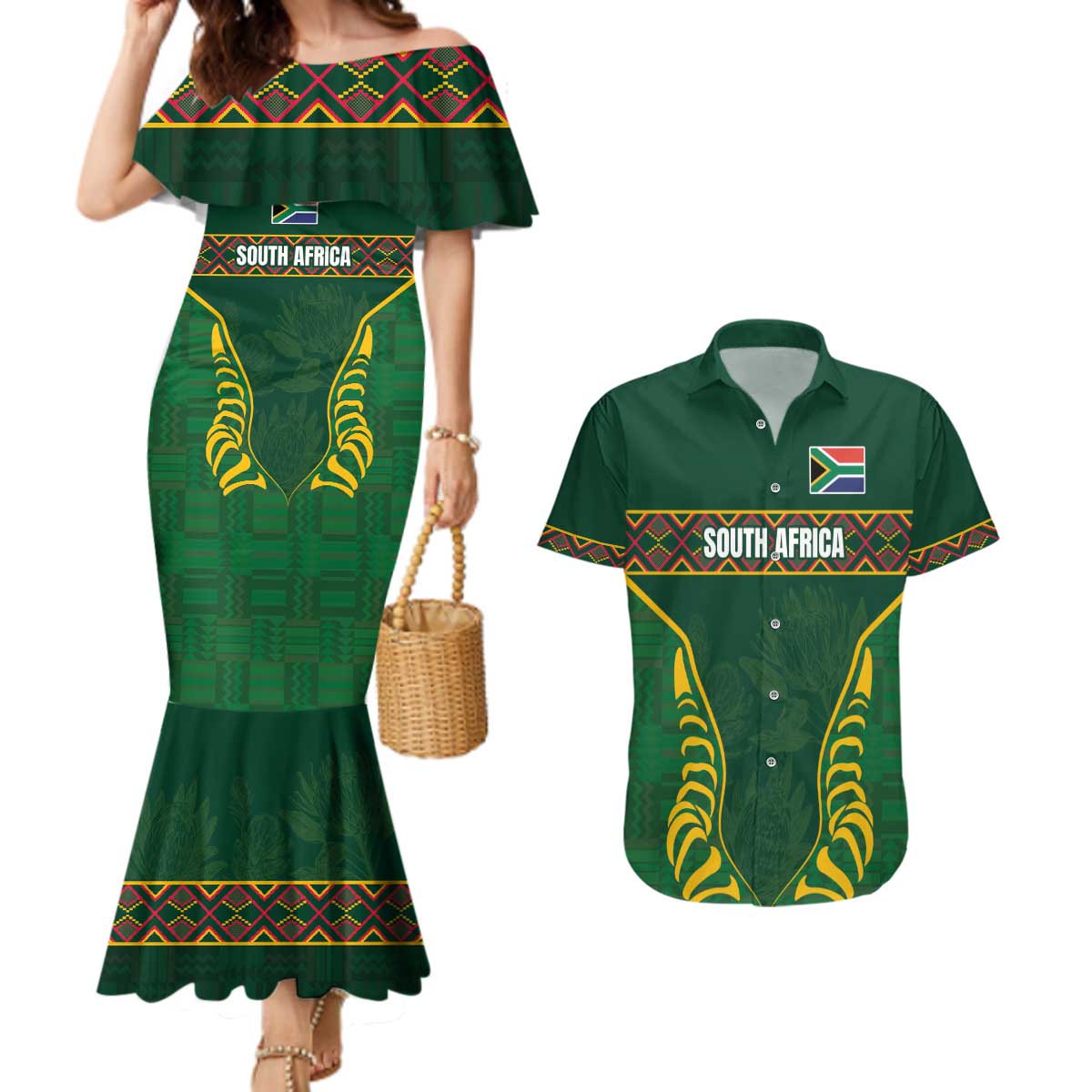 Custom South Africa Rugby Couples Matching Mermaid Dress and Hawaiian Shirt Springboks Spirit and King Protea