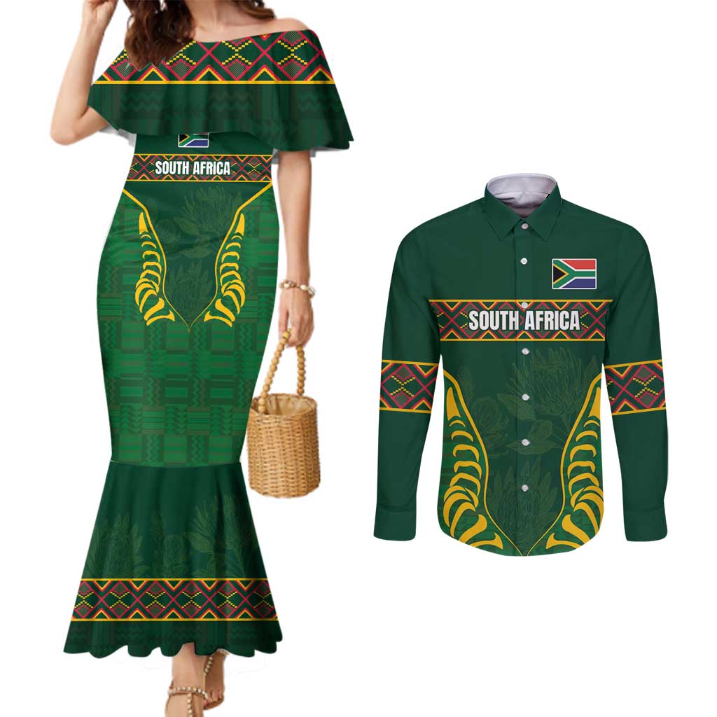 Custom South Africa Rugby Couples Matching Mermaid Dress and Long Sleeve Button Shirt Springboks Spirit and King Protea