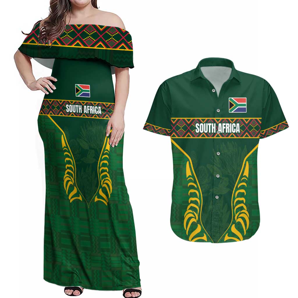 Custom South Africa Rugby Couples Matching Off Shoulder Maxi Dress and Hawaiian Shirt Springboks Spirit and King Protea