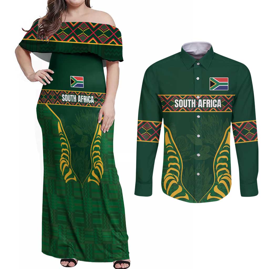 Custom South Africa Rugby Couples Matching Off Shoulder Maxi Dress and Long Sleeve Button Shirt Springboks Spirit and King Protea