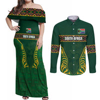 Custom South Africa Rugby Couples Matching Off Shoulder Maxi Dress and Long Sleeve Button Shirt Springboks Spirit and King Protea