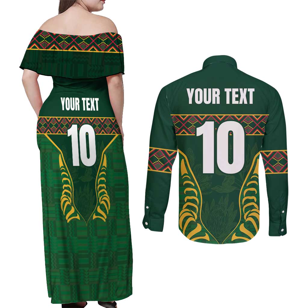 Custom South Africa Rugby Couples Matching Off Shoulder Maxi Dress and Long Sleeve Button Shirt Springboks Spirit and King Protea
