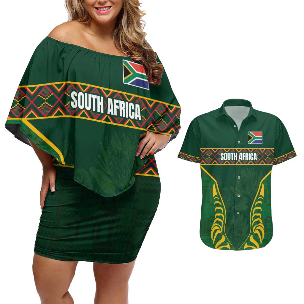 Custom South Africa Rugby Couples Matching Off Shoulder Short Dress and Hawaiian Shirt Springboks Spirit and King Protea