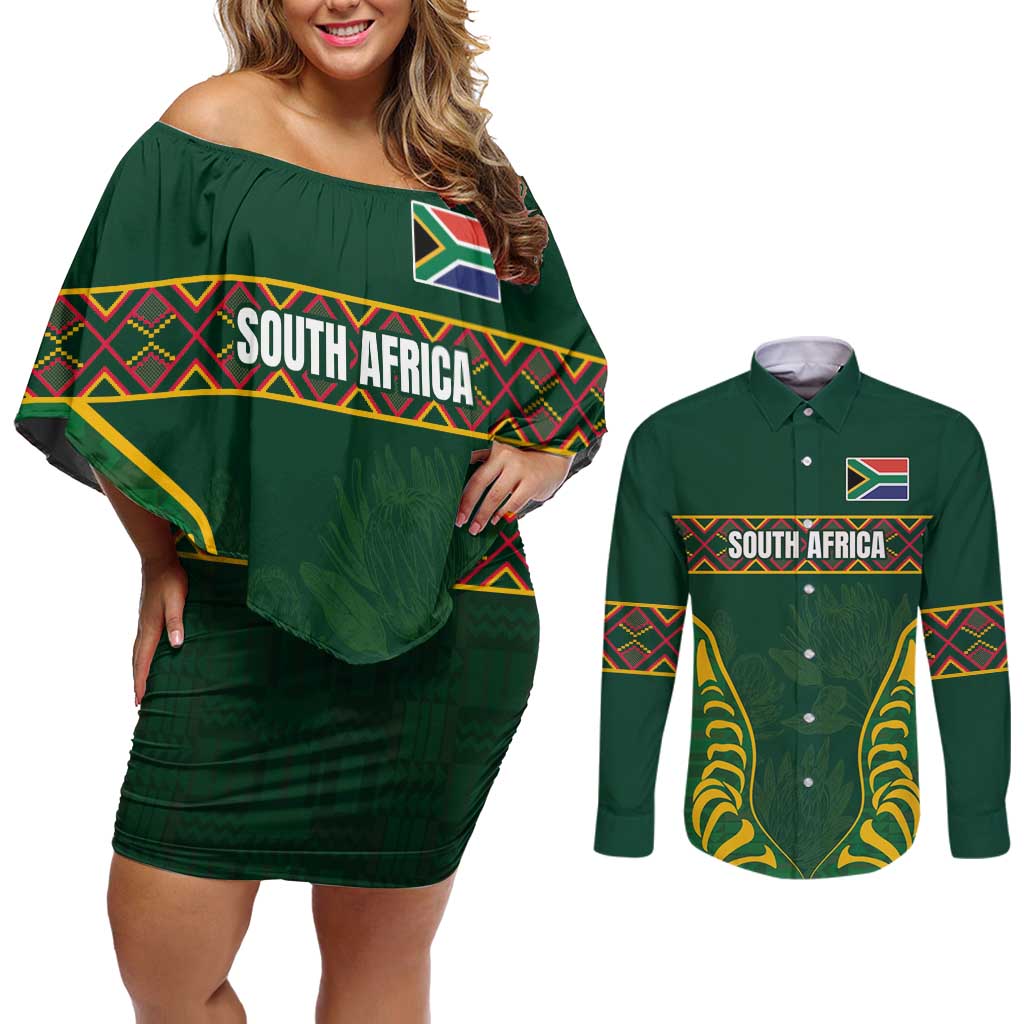 Custom South Africa Rugby Couples Matching Off Shoulder Short Dress and Long Sleeve Button Shirt Springboks Spirit and King Protea