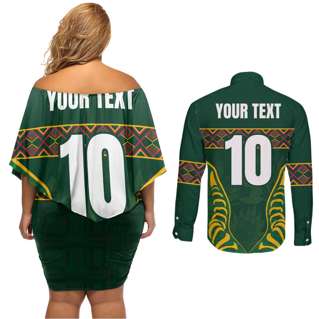 Custom South Africa Rugby Couples Matching Off Shoulder Short Dress and Long Sleeve Button Shirt Springboks Spirit and King Protea