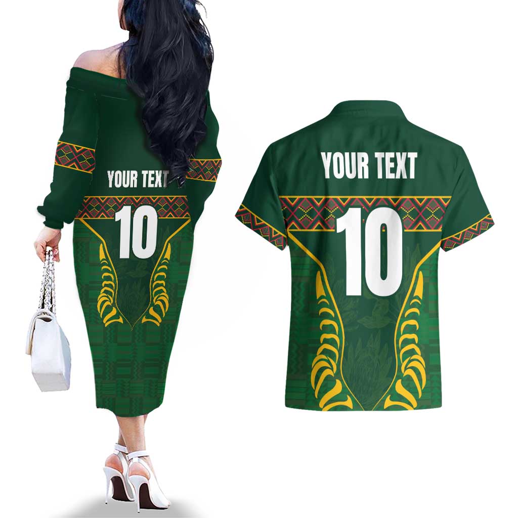 Custom South Africa Rugby Couples Matching Off The Shoulder Long Sleeve Dress and Hawaiian Shirt Springboks Spirit and King Protea