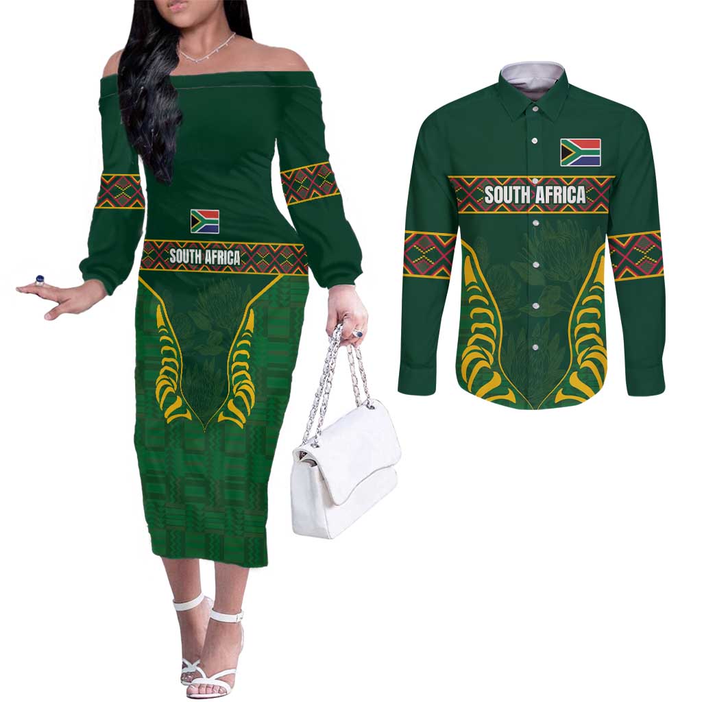 Custom South Africa Rugby Couples Matching Off The Shoulder Long Sleeve Dress and Long Sleeve Button Shirt Springboks Spirit and King Protea
