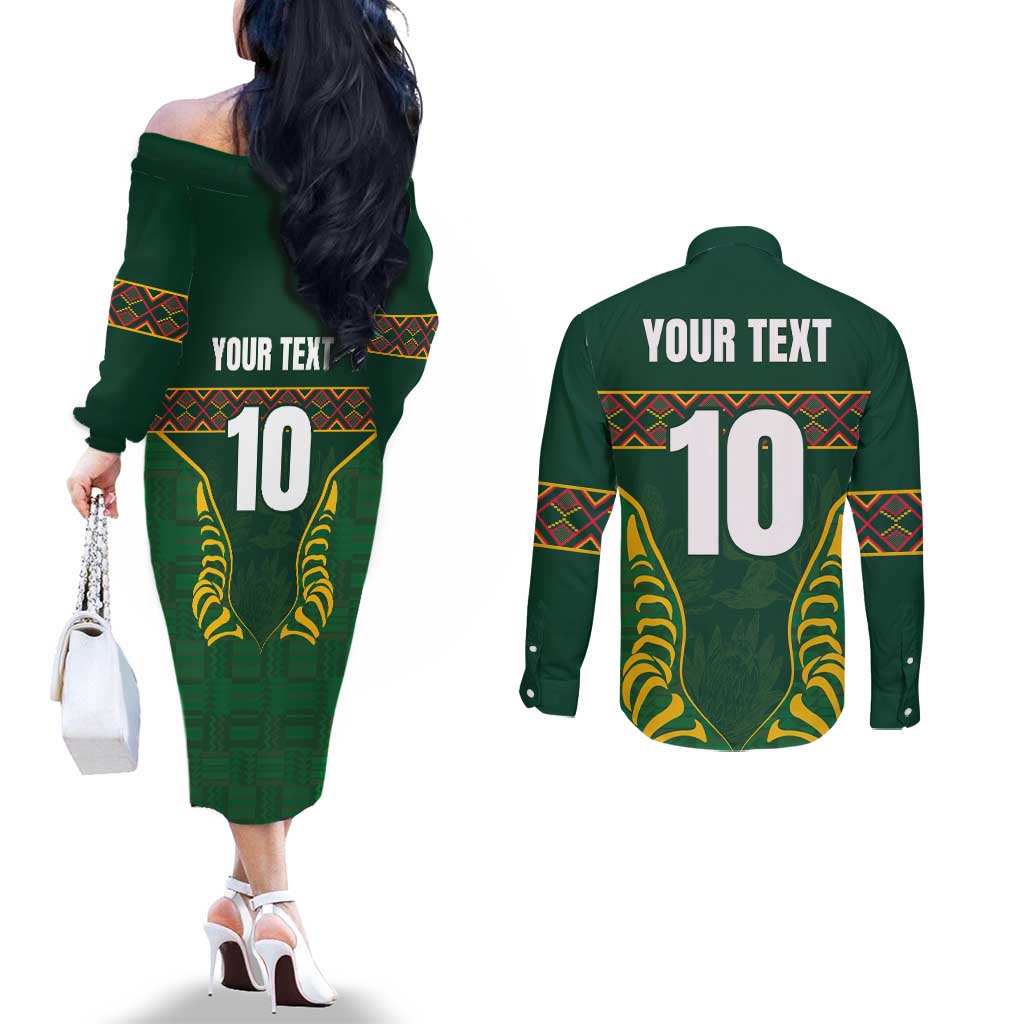 Custom South Africa Rugby Couples Matching Off The Shoulder Long Sleeve Dress and Long Sleeve Button Shirt Springboks Spirit and King Protea