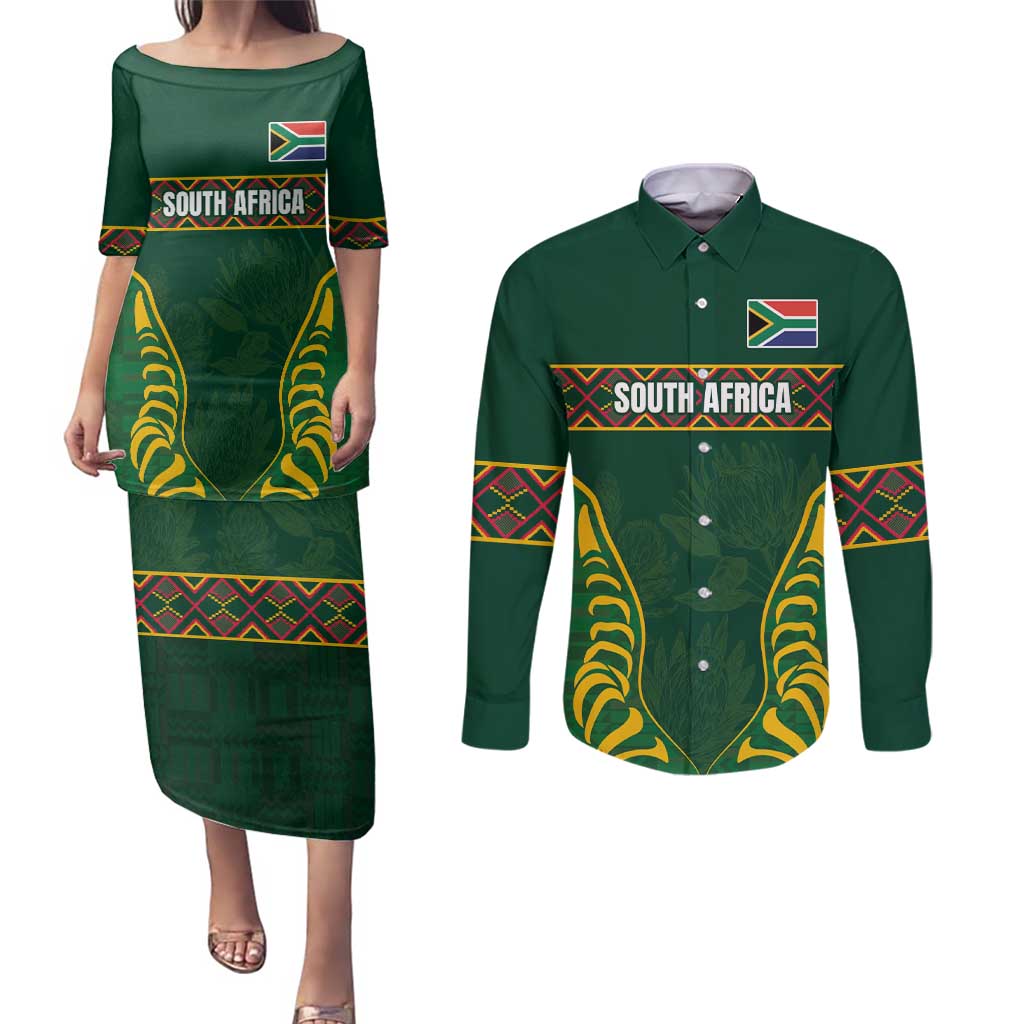 Custom South Africa Rugby Couples Matching Puletasi and Long Sleeve Button Shirt Springboks Spirit and King Protea