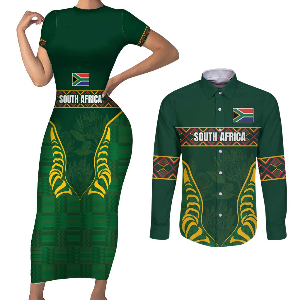 Custom South Africa Rugby Couples Matching Short Sleeve Bodycon Dress and Long Sleeve Button Shirt Springboks Spirit and King Protea