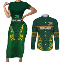 Custom South Africa Rugby Couples Matching Short Sleeve Bodycon Dress and Long Sleeve Button Shirt Springboks Spirit and King Protea