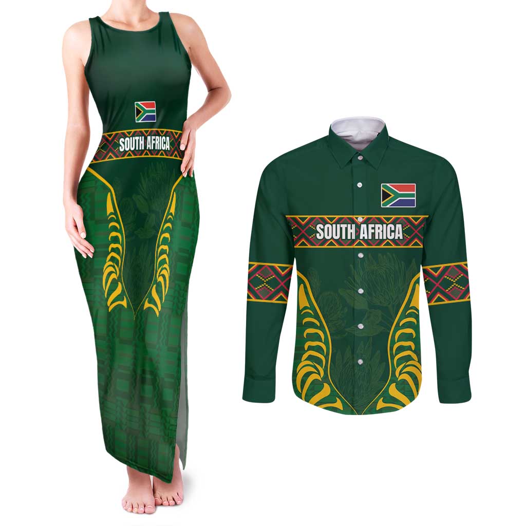 Custom South Africa Rugby Couples Matching Tank Maxi Dress and Long Sleeve Button Shirt Springboks Spirit and King Protea