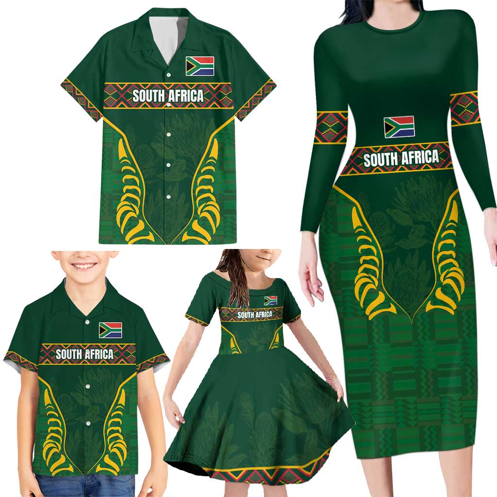 Custom South Africa Rugby Family Matching Long Sleeve Bodycon Dress and Hawaiian Shirt Springboks Spirit and King Protea