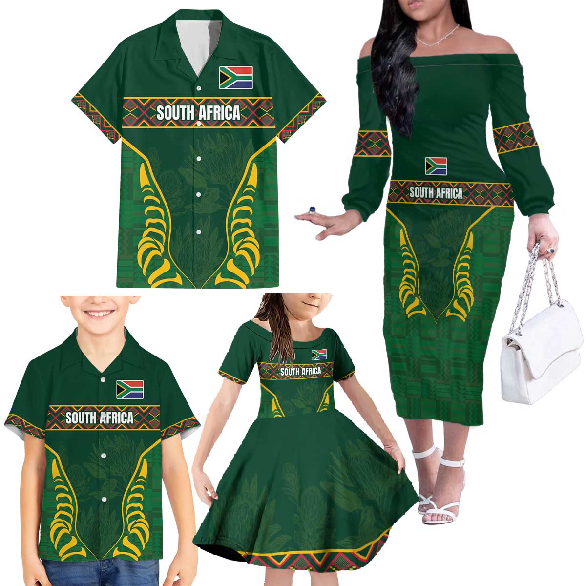 Custom South Africa Rugby Family Matching Off The Shoulder Long Sleeve Dress and Hawaiian Shirt Springboks Spirit and King Protea