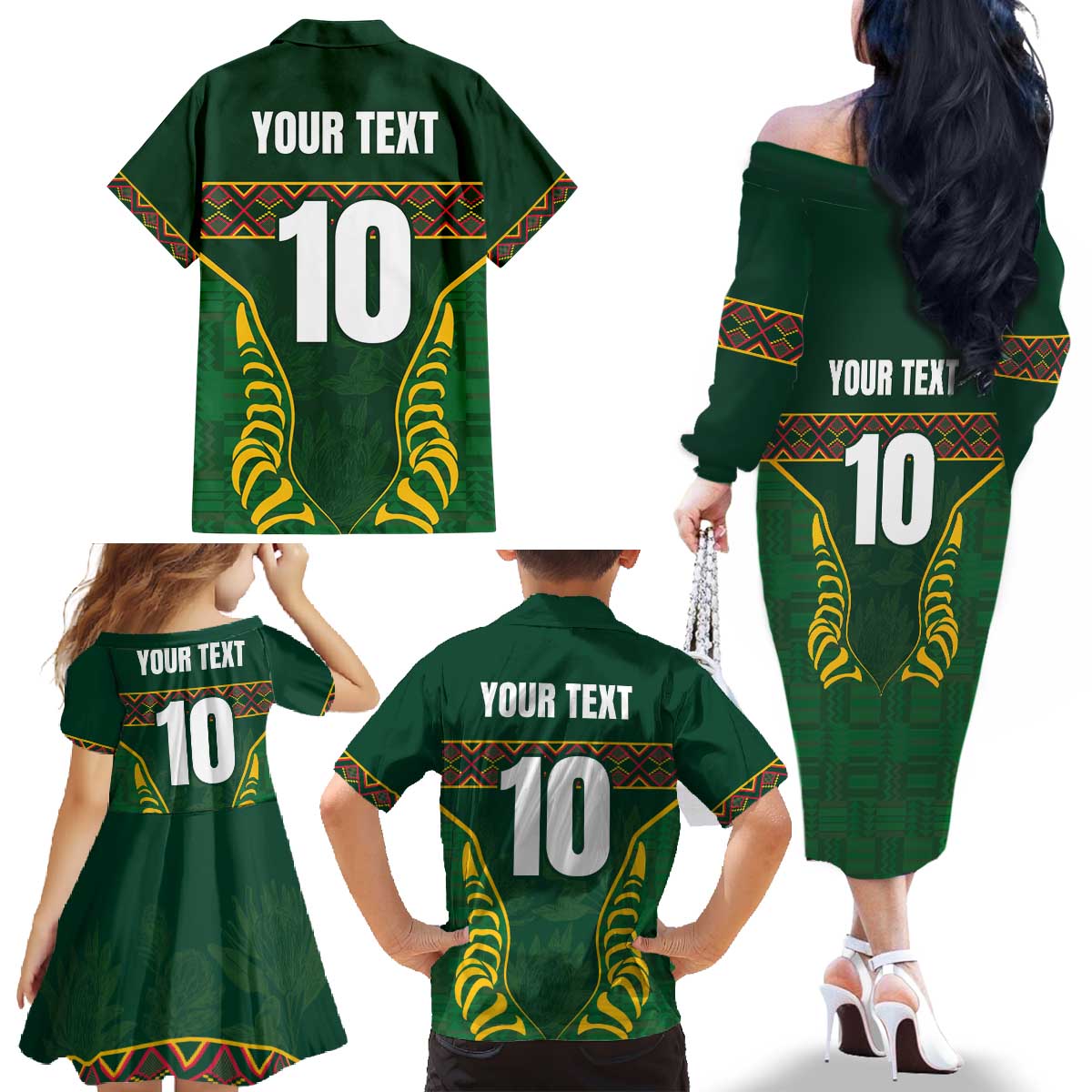 Custom South Africa Rugby Family Matching Off The Shoulder Long Sleeve Dress and Hawaiian Shirt Springboks Spirit and King Protea