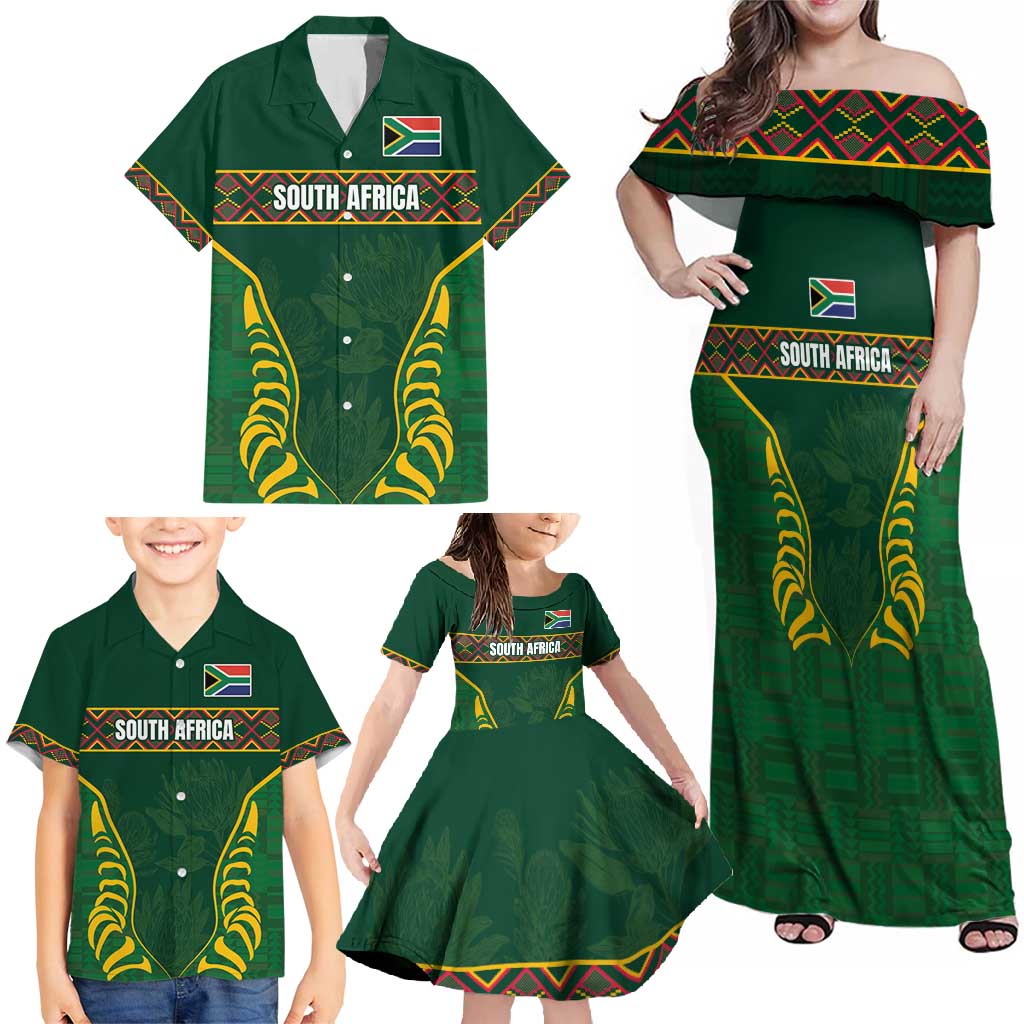Custom South Africa Rugby Family Matching Off Shoulder Maxi Dress and Hawaiian Shirt Springboks Spirit and King Protea