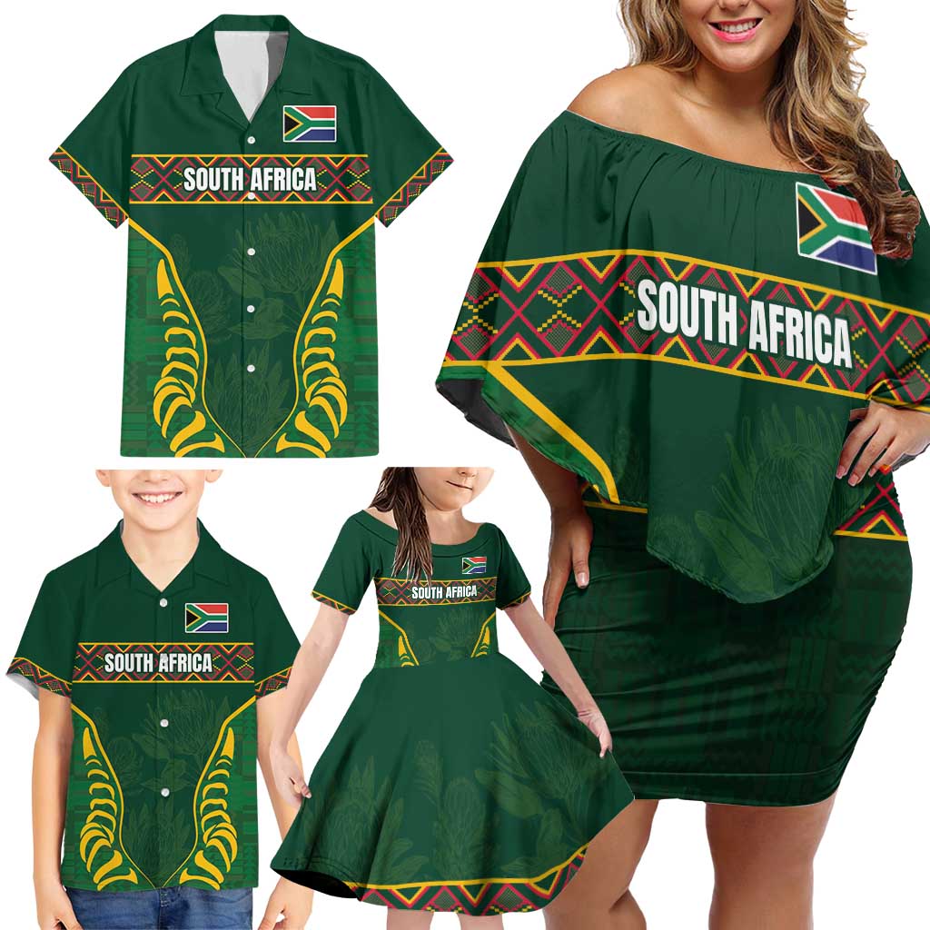 Custom South Africa Rugby Family Matching Off Shoulder Short Dress and Hawaiian Shirt Springboks Spirit and King Protea