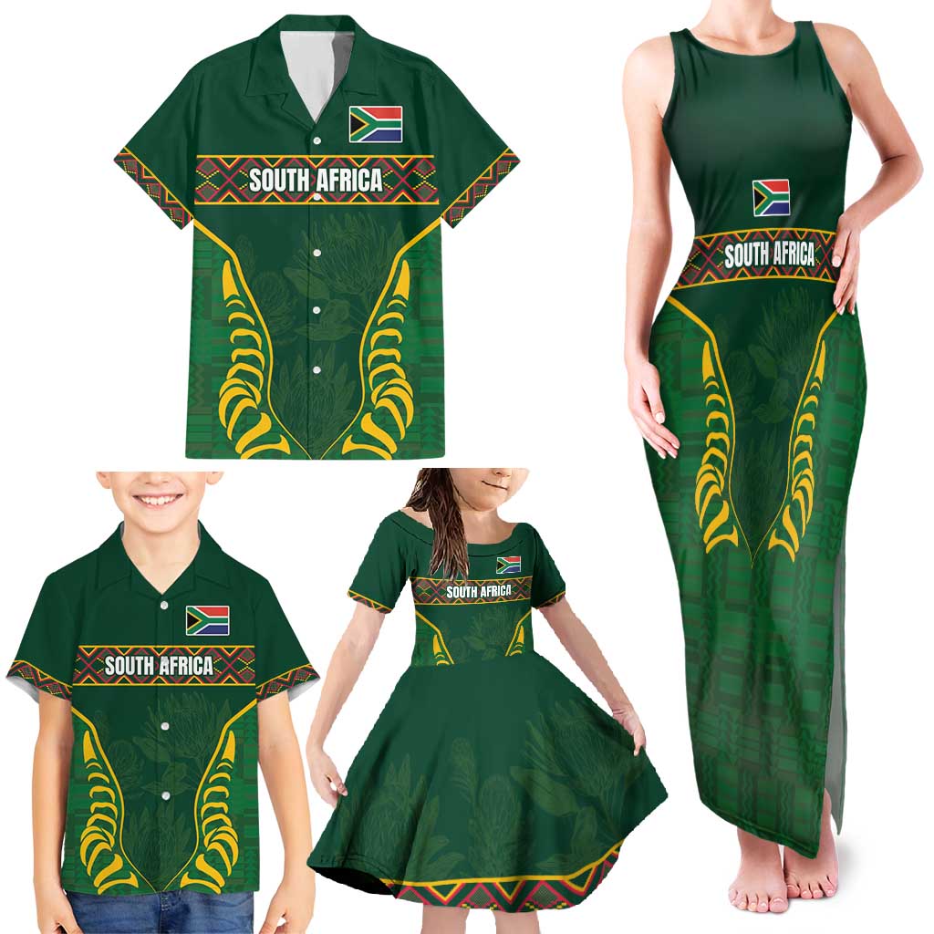 Custom South Africa Rugby Family Matching Tank Maxi Dress and Hawaiian Shirt Springboks Spirit and King Protea