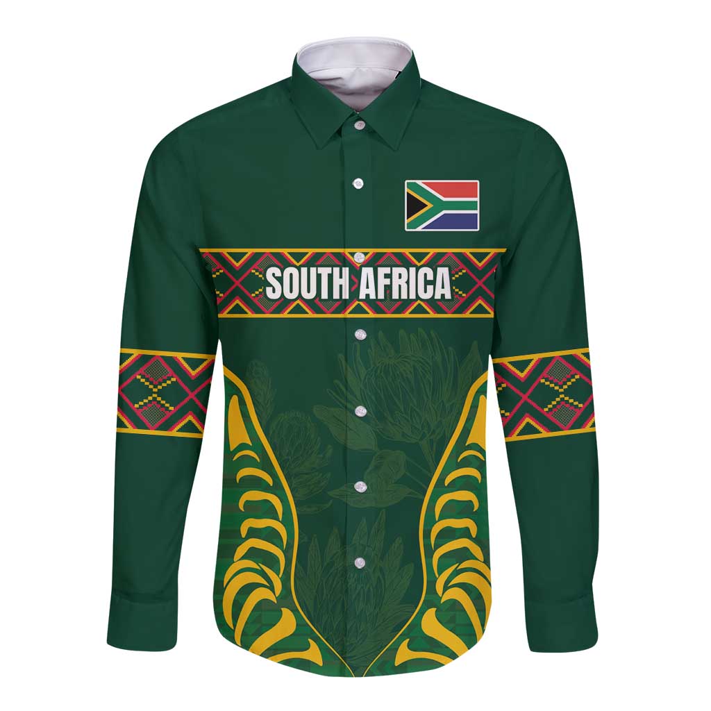 Custom South Africa Rugby Long Sleeve Button Shirt Springboks Spirit and King Protea