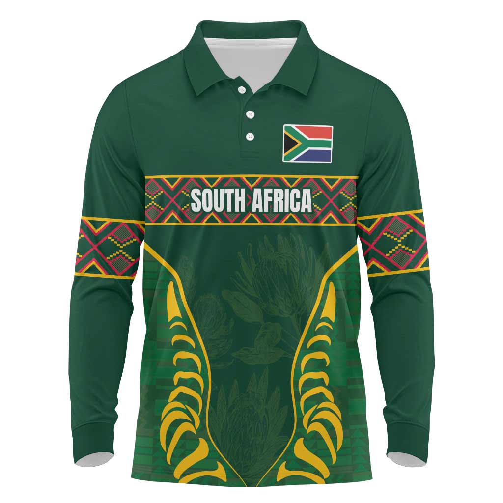 Custom South Africa Rugby Long Sleeve Polo Shirt Springboks Spirit and King Protea