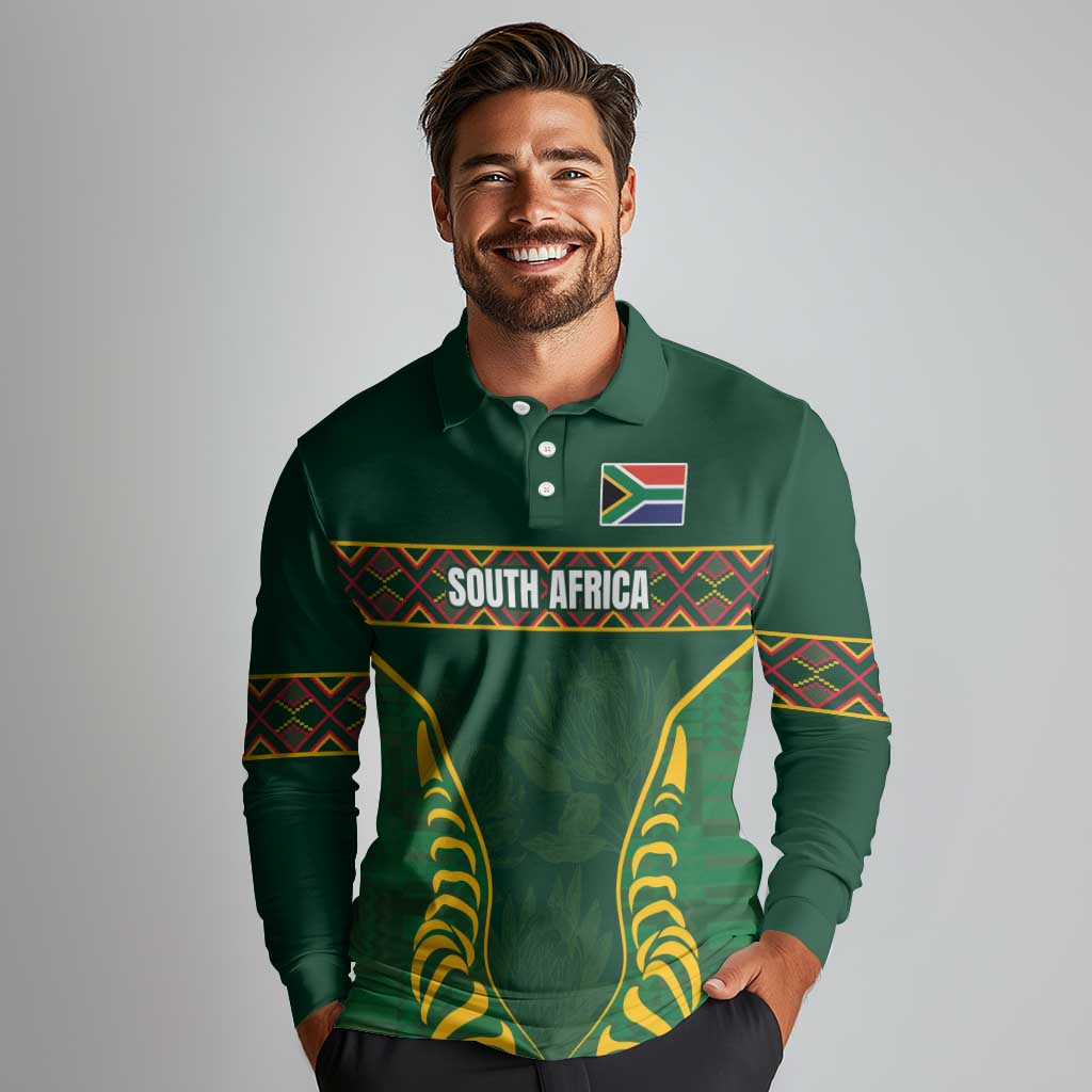 Custom South Africa Rugby Long Sleeve Polo Shirt Springboks Spirit and King Protea