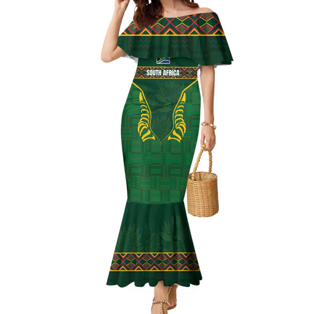 Custom South Africa Rugby Mermaid Dress Springboks Spirit and King Protea