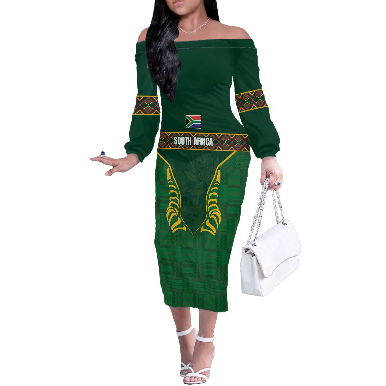 Custom South Africa Rugby Off The Shoulder Long Sleeve Dress Springboks Spirit and King Protea