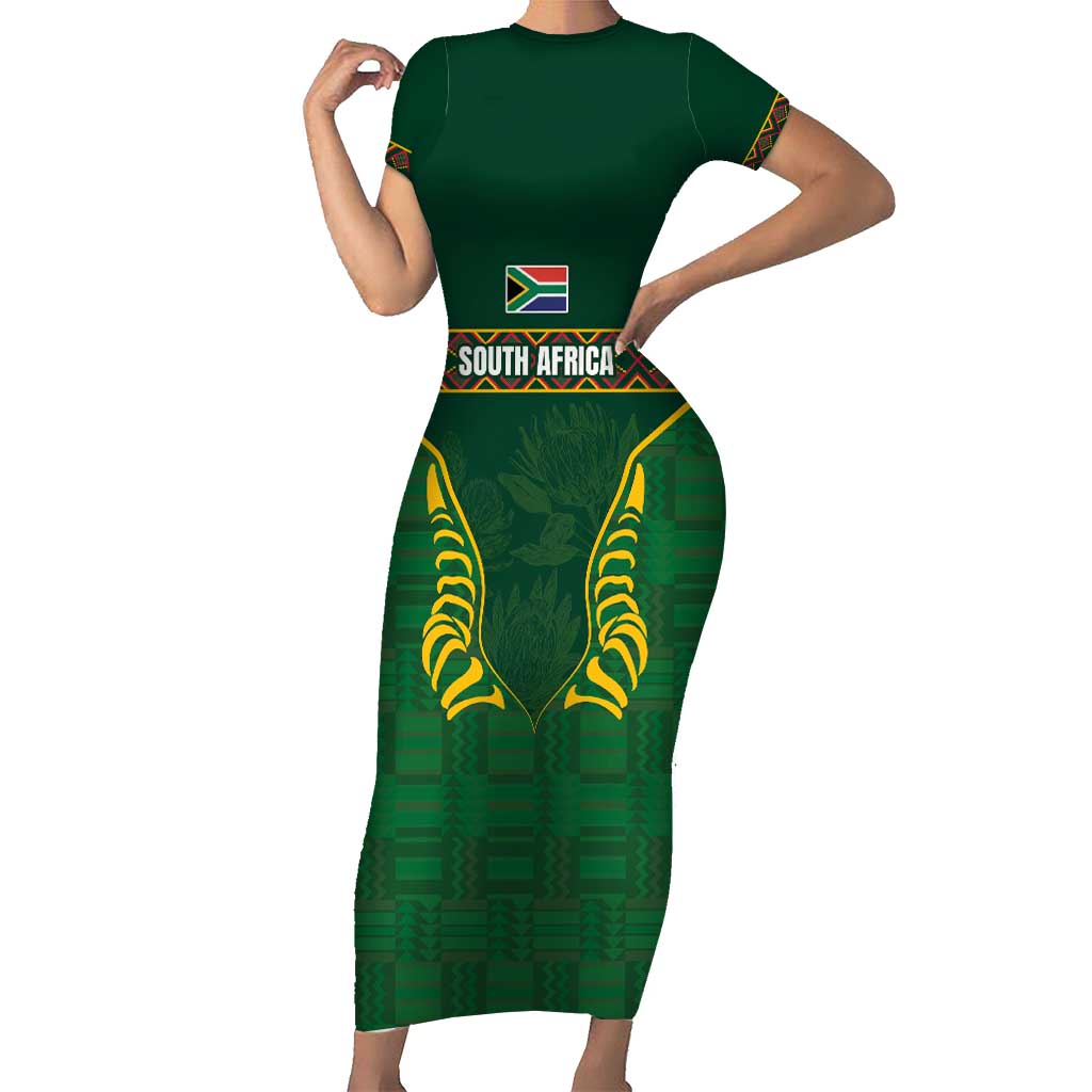 Custom South Africa Rugby Short Sleeve Bodycon Dress Springboks Spirit and King Protea