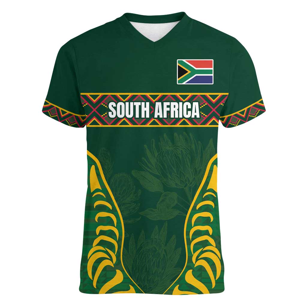 Custom South Africa Rugby Women V-Neck T-Shirt Springboks Spirit and King Protea