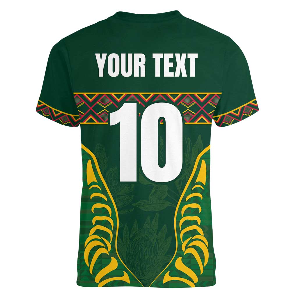 Custom South Africa Rugby Women V-Neck T-Shirt Springboks Spirit and King Protea