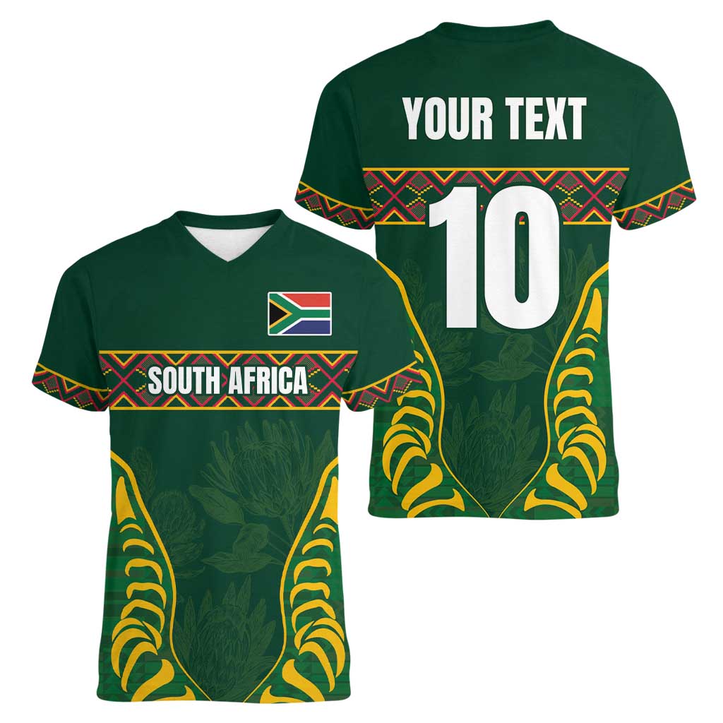Custom South Africa Rugby Women V-Neck T-Shirt Springboks Spirit and King Protea