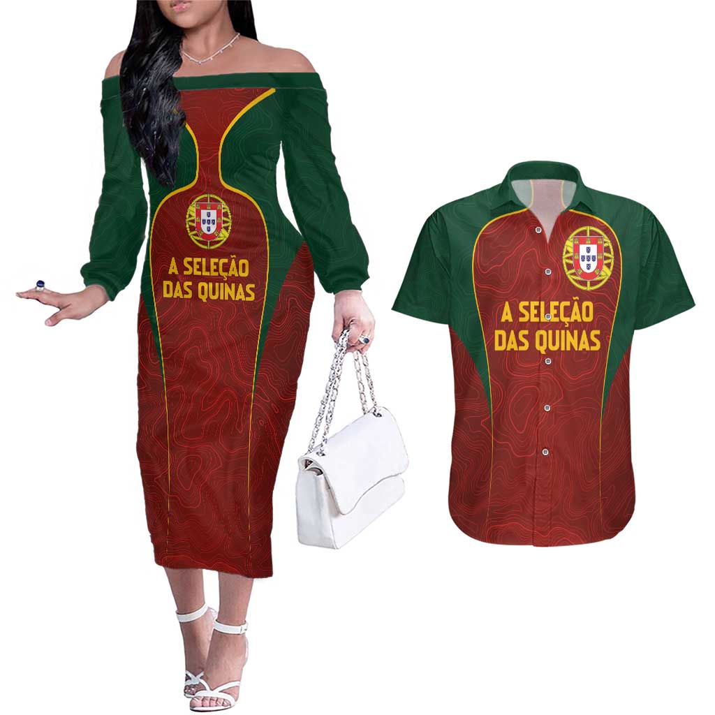 Custom Portugal Football Couples Matching Off The Shoulder Long Sleeve Dress and Hawaiian Shirt A Selecao das Quinas