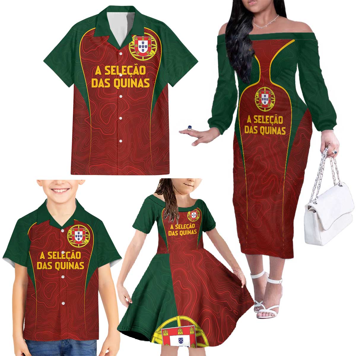 Custom Portugal Football Family Matching Off The Shoulder Long Sleeve Dress and Hawaiian Shirt A Selecao das Quinas