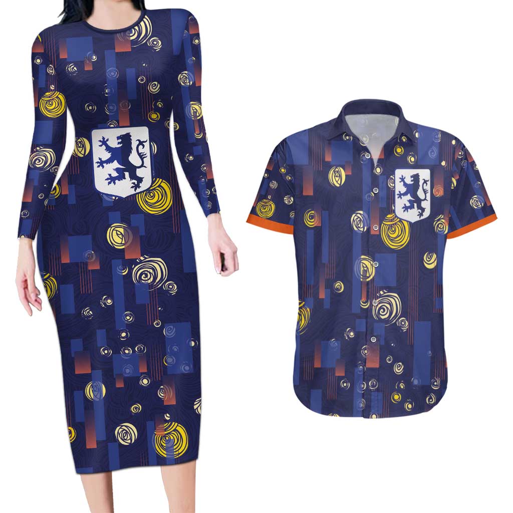 Custom Netherlands Football Couples Matching Long Sleeve Bodycon Dress and Hawaiian Shirt Starry Night Style