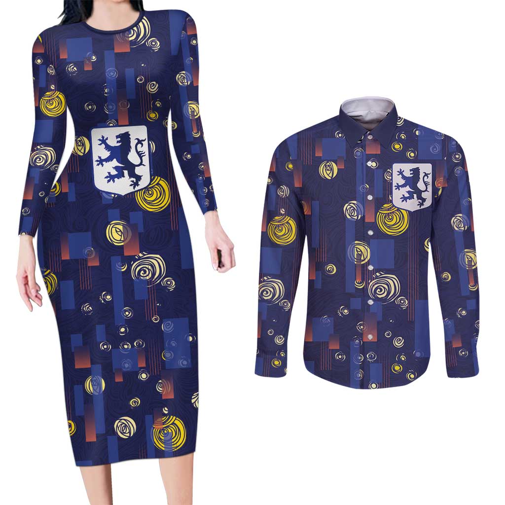 Custom Netherlands Football Couples Matching Long Sleeve Bodycon Dress and Long Sleeve Button Shirt Starry Night Style