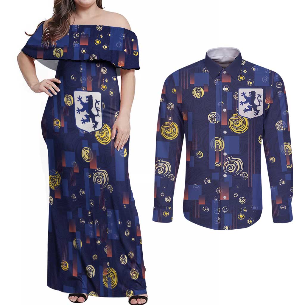 Custom Netherlands Football Couples Matching Off Shoulder Maxi Dress and Long Sleeve Button Shirt Starry Night Style