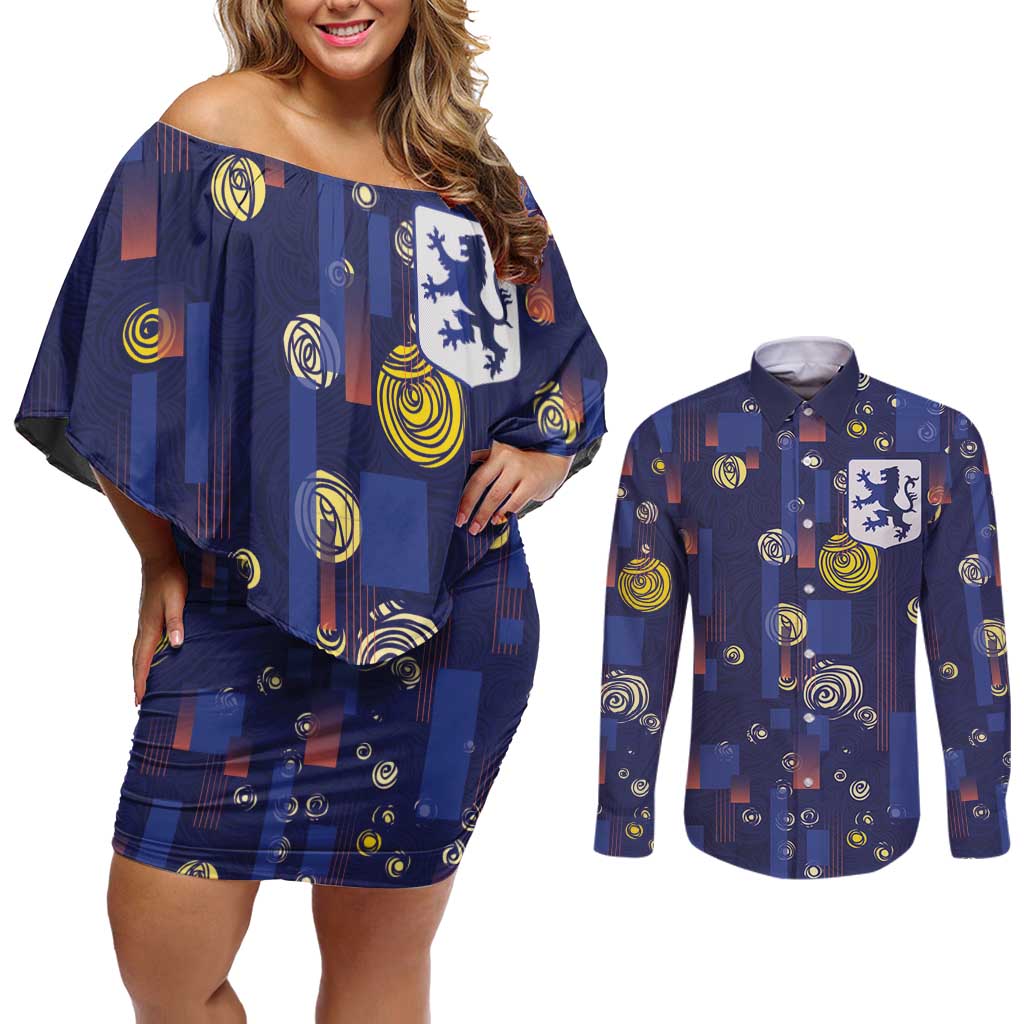 Custom Netherlands Football Couples Matching Off Shoulder Short Dress and Long Sleeve Button Shirt Starry Night Style
