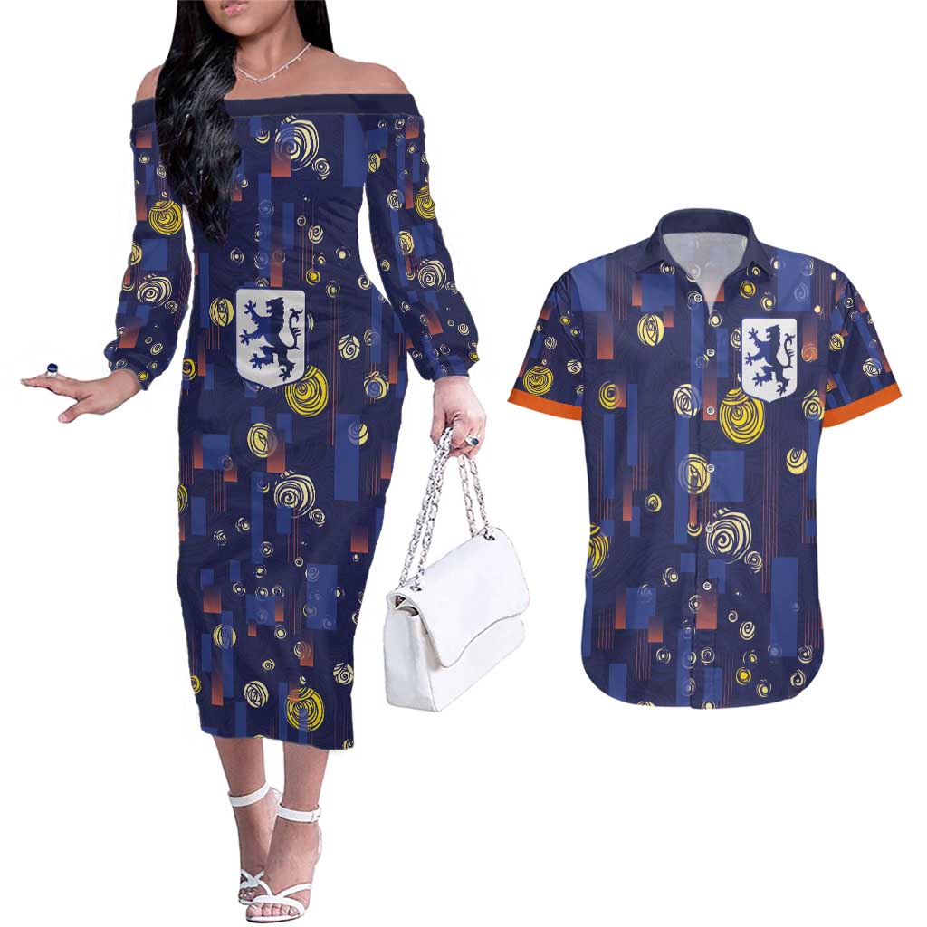 Custom Netherlands Football Couples Matching Off The Shoulder Long Sleeve Dress and Hawaiian Shirt Starry Night Style