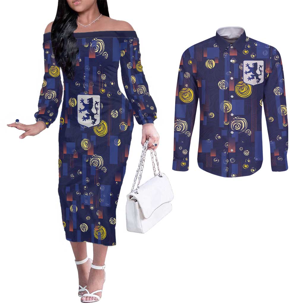 Custom Netherlands Football Couples Matching Off The Shoulder Long Sleeve Dress and Long Sleeve Button Shirt Starry Night Style